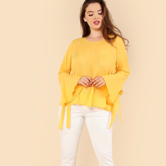 Plus Size Yellow Blouse With Pearls - Picture 3 of 7